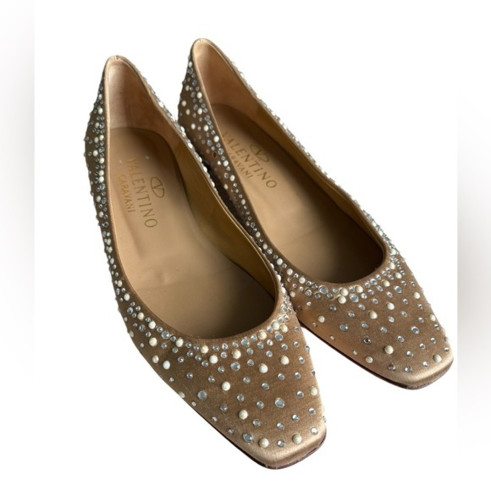 Valentino Garavani gold, satin, pearl and stone square toe flats size 37 1/2